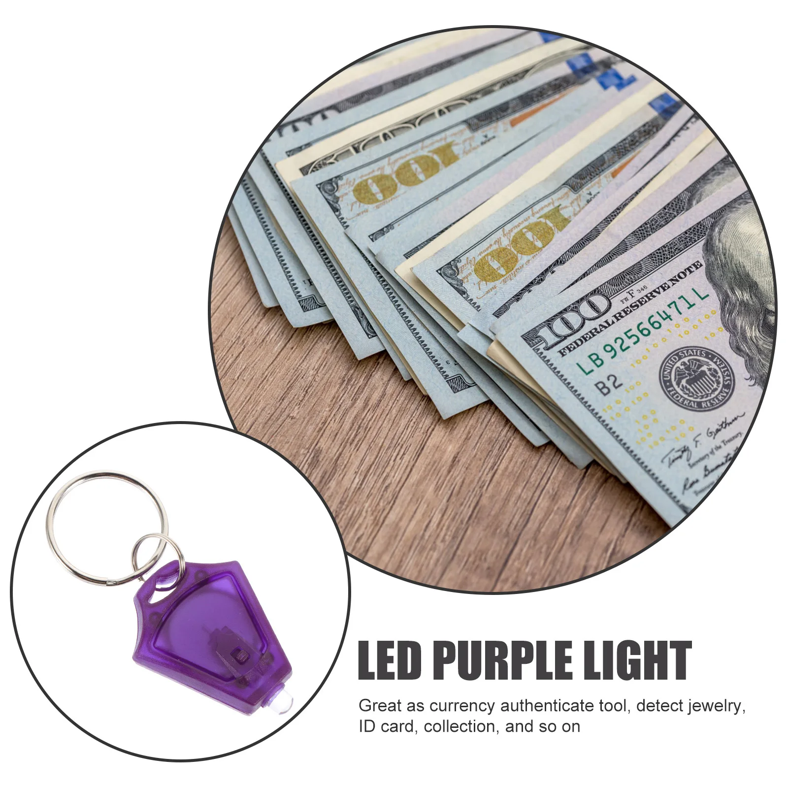 5 Stück LED-Schlüsselanhänger-Taschenlampe, UV-Licht, Schlüsselanhänger, Identifizierungslicht, zuverlässige Fälschungserkennungslampe für den persönlichen Gebrauch