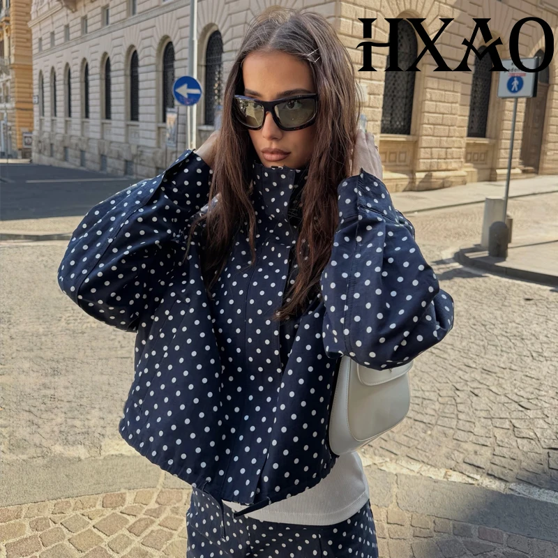 HXAO Polka Dot Damenjacken, kurzer Mantel, Demi-Season-Windjacke, Bomberjacke, Streetwear, Outdoor, blau, langärmelig