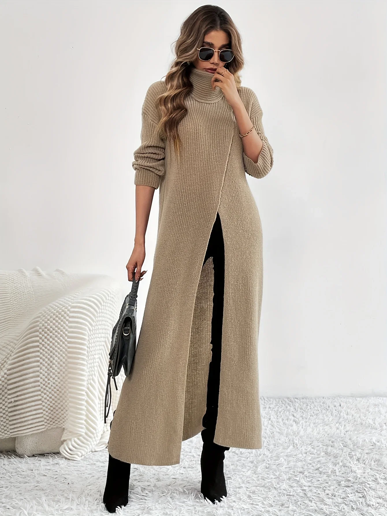 2024 Autumn Elegant Long Knitting Sweater Women High Neck with Split Hem For Female Winter Warm Turtleneck Pullovers Maxi Dress