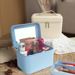 Large mirror makeup case Portable travel large capacity makeup bag Portable simple cosmetics storage box with mirror tray