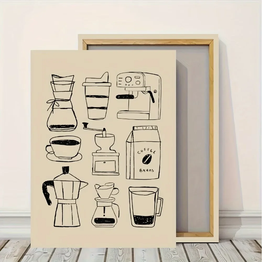Minimalist Coffee Equipment Wall Art Print, Coffee Lover Canvas Poster, Modern Kitchen Cafe Wall Home Decor