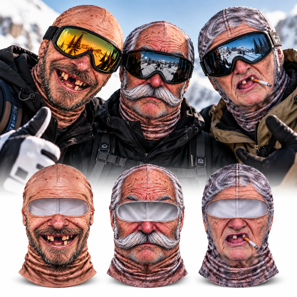 Funny 3D Face Printed Old Man Balaclava Full Coverage White Mustache Ski Mask Breathable Stretch Eye Hole Winter Face Cover