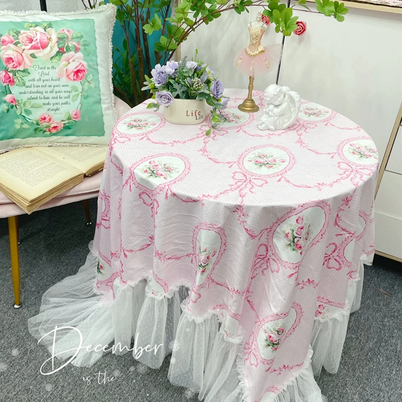 Korean Pastoral Tablecloth Retro Pink White Lace Table Cloth Coffeetable Round Rectangular Home Decorative European Tablecloth