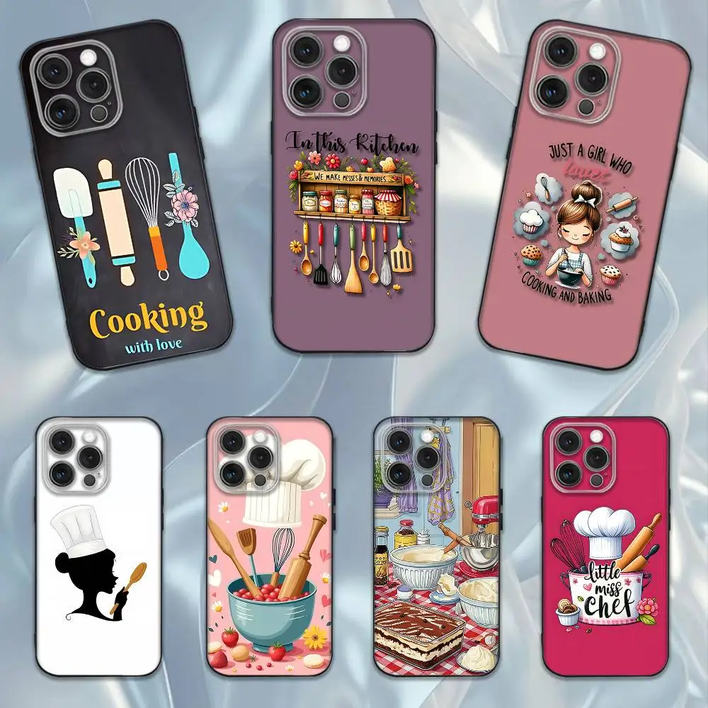 

Cooking Utensils Chef Kitchen Phone Case For iPhone 16e,16,15,14,13,12,11,Pro,X,XS,Max,XR,Plus,Mini Soft Black Cover