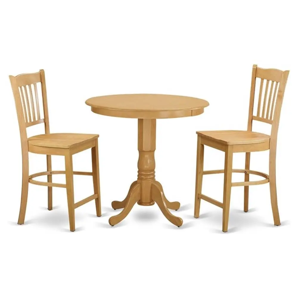Round Wooden Counter Height Dining Table Set with Pedestal & 2 Chairs 36x36 Inch Oak Finish, Customized