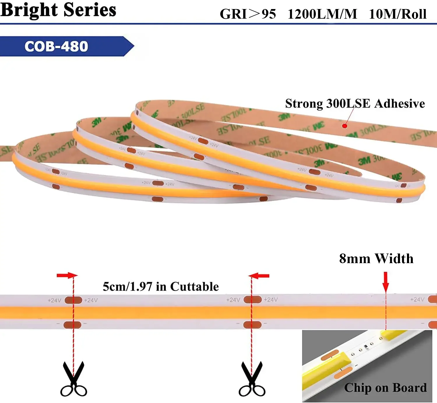 10m Flexible COB LED Strip Light 12V 24V 10mm 480LEDs/M High Density Tape Ribbon RA90 2700K 3000K 4000K 6000K Linear Dimmable