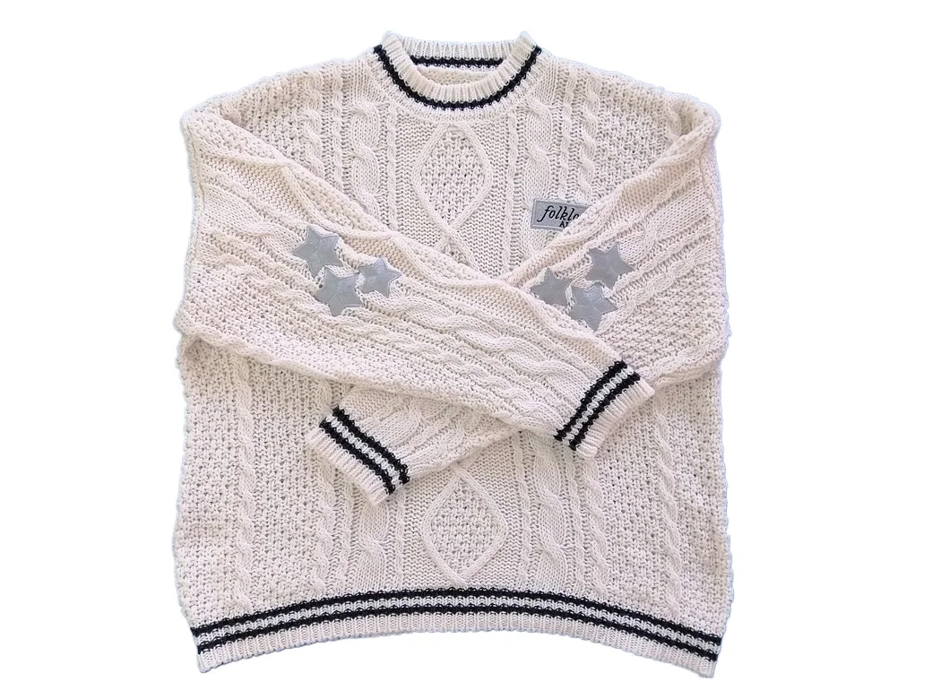 

Beige White Folklore Embroidered Star Knitted Sweater
