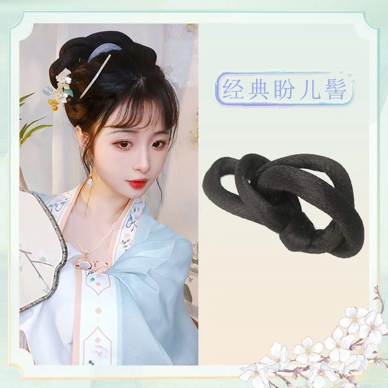 Chinese Antique Hanfu Wig Bag Full Hair Thread Back Head Spoon, Ancient Headdress Accessory Black Wigs For Women Hair Bun High