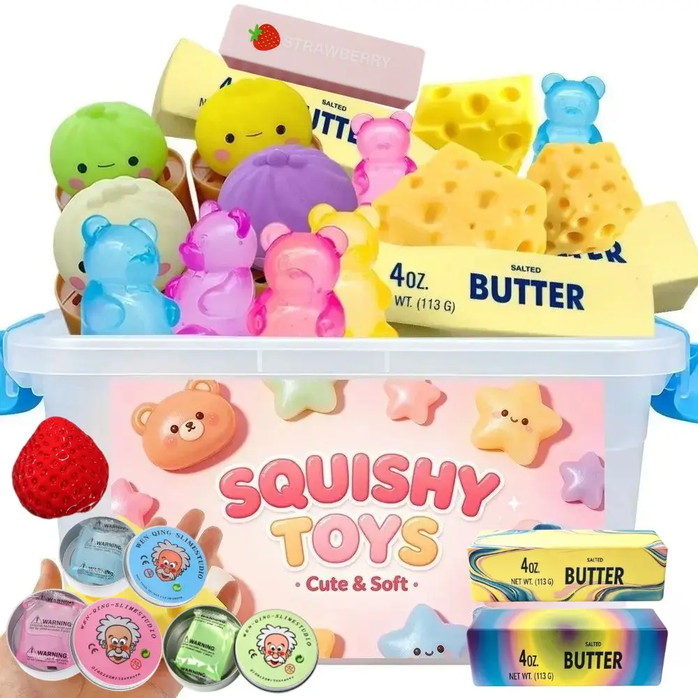 

Multi Slow-Rising Squishy,Blind Box Random Includes: Crystal Soil Squeeze Toys, Steamed ,Long Butter Bread,Bear Squishy Toys