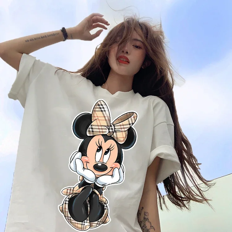 Kaus wanita ukuran besar, kaus Fashion Ulzzang Wanita Atasan kartun Mickey Minnie dengan lengan pendek atasan 90s Y2k