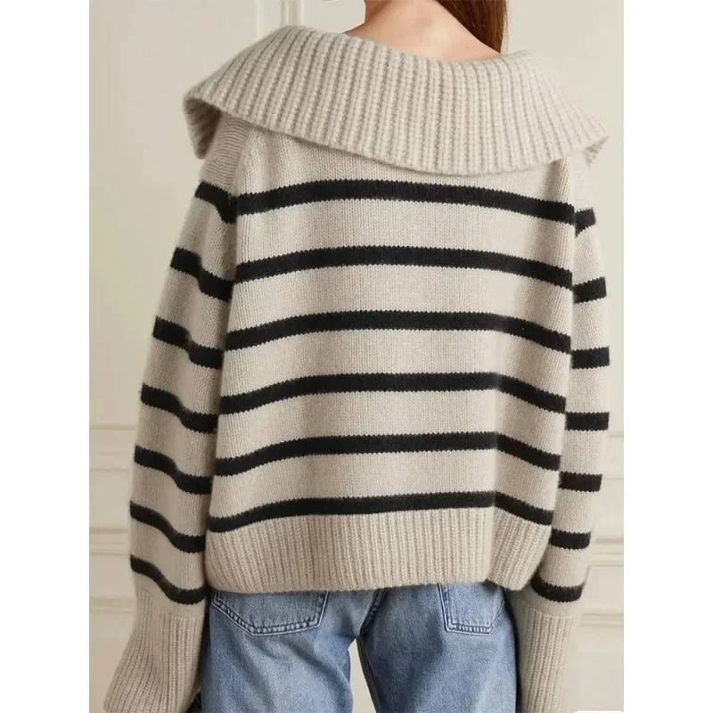 KH@IT* Sweater 2023 Autumn/winter New Retro Striped V-neck Polo Collar Versatile Casual Knitted Wool Jumper Women