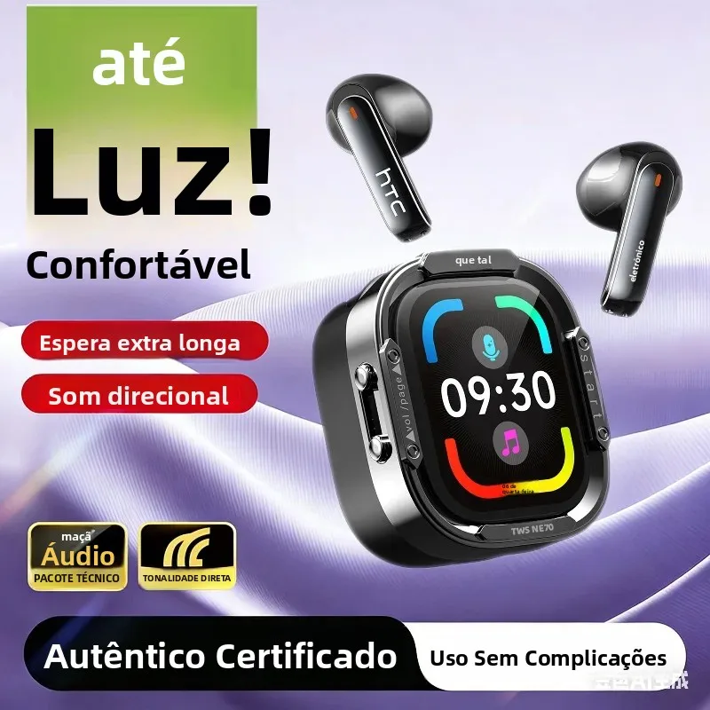 Fones de Ouvido Bluetooth HTC NE70 com Tela Sensível ao Toque TWS, Fones Sem Fio Intra-auriculares com Tradutor AI, Redução de Ruído, Fones para Jogos
