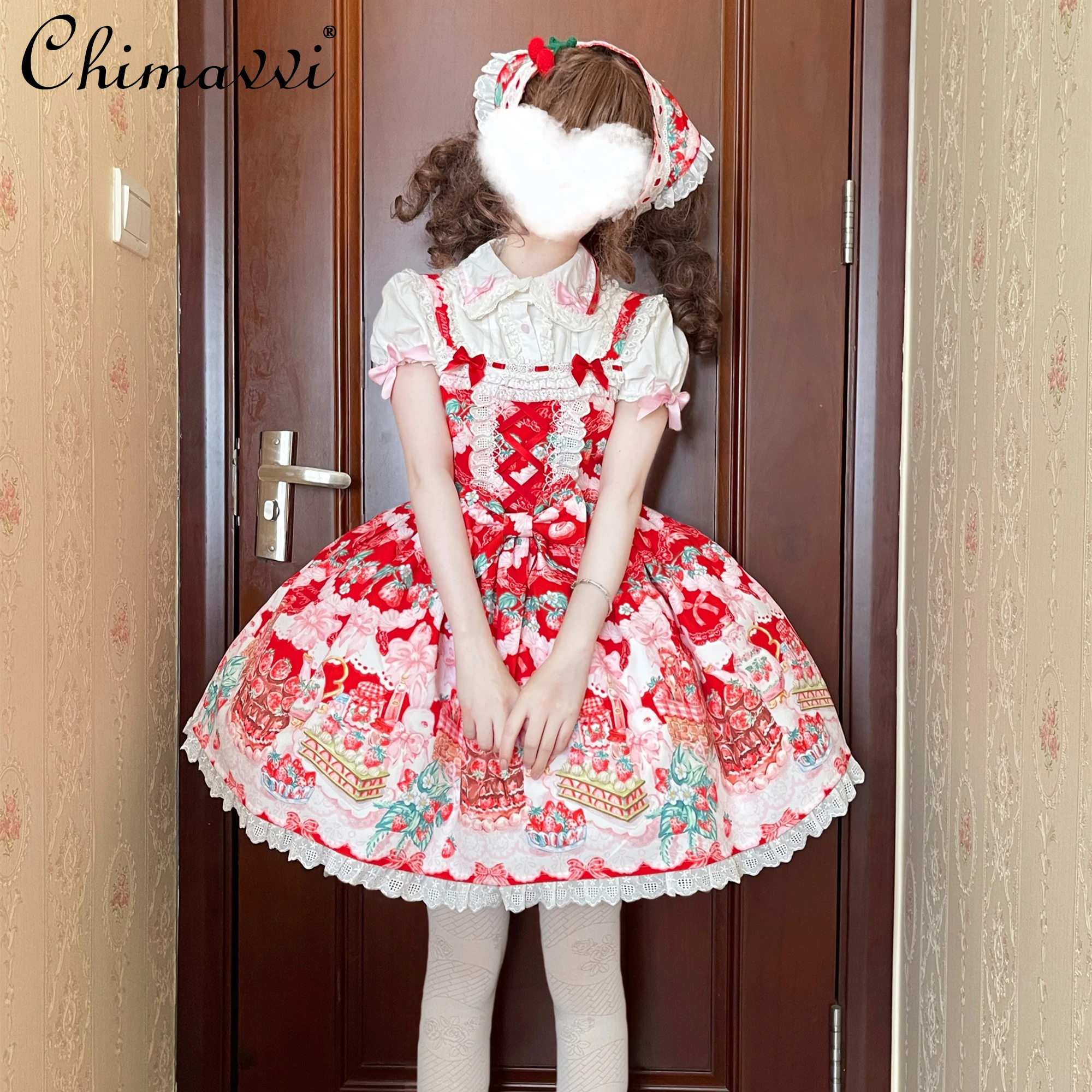 

Original Lolita Strawberry Jsk Sweet Girl Dress 2025 Summer New Fashion Cute Bow High Waist Temperament Kawaii Lo Dresses Women