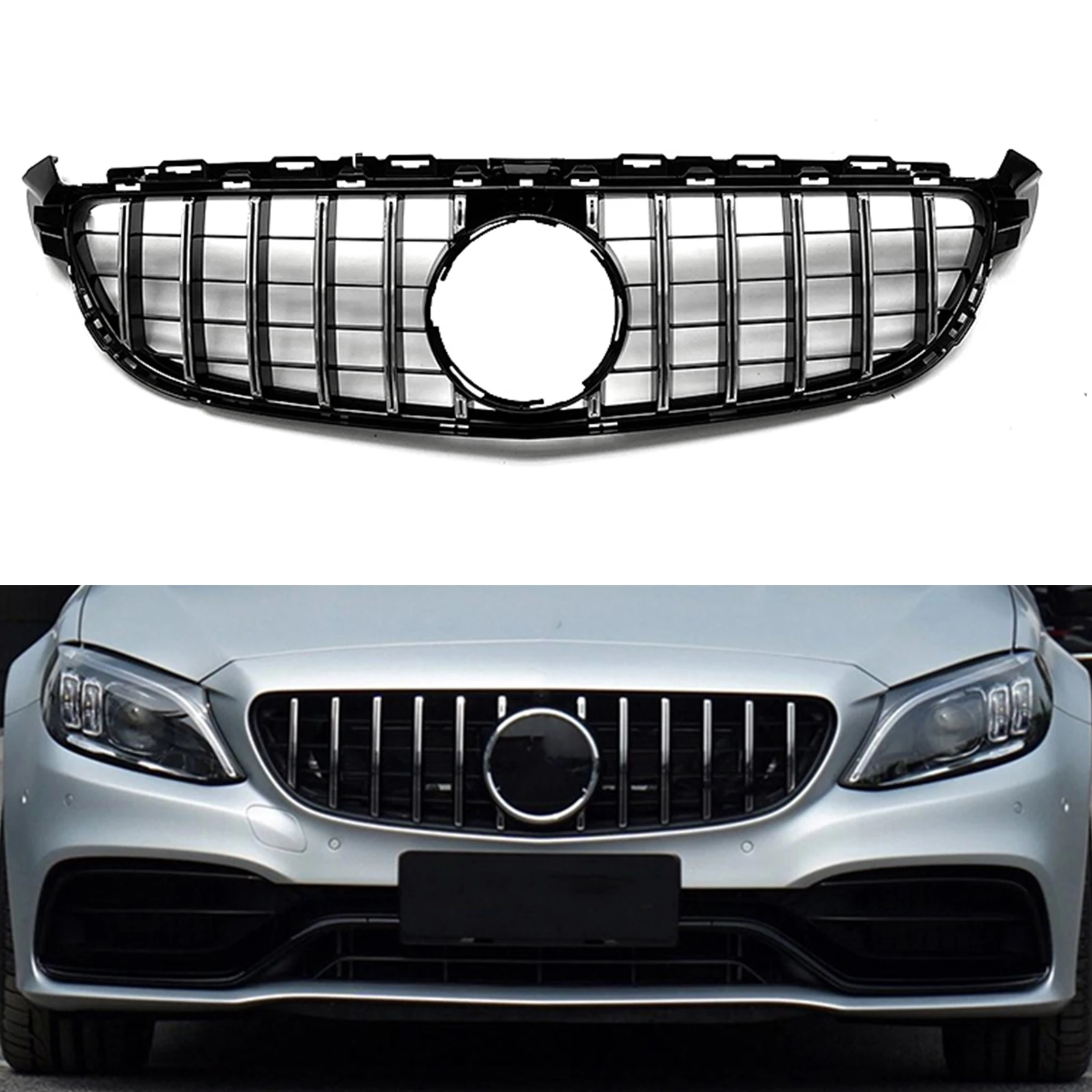 

For Mercedes Benz W205 2015-2018 C63 C63S AMG Only GT Style Front Grill Grill Black/Silver Car Upper Bumper Hood Mesh Grid Kit