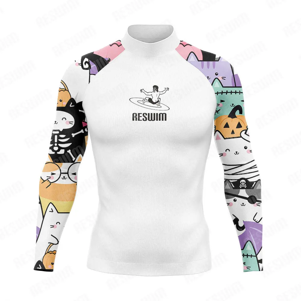 Camiseta de praia de manga comprida masculina, proteção UV Rash Guard Swimwear, roupas de surf, maiô engraçado, esportes aquáticos, 2024