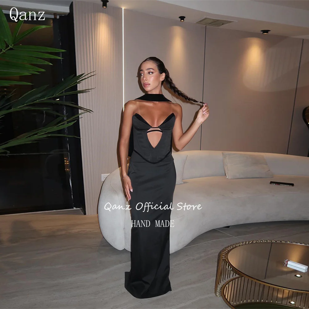 

Qanz Modern Black Mermaid Evening Dresses Satin Robes De Soirée Backless 2-piece Set Vestidos De Boda Para Fiestas Customized