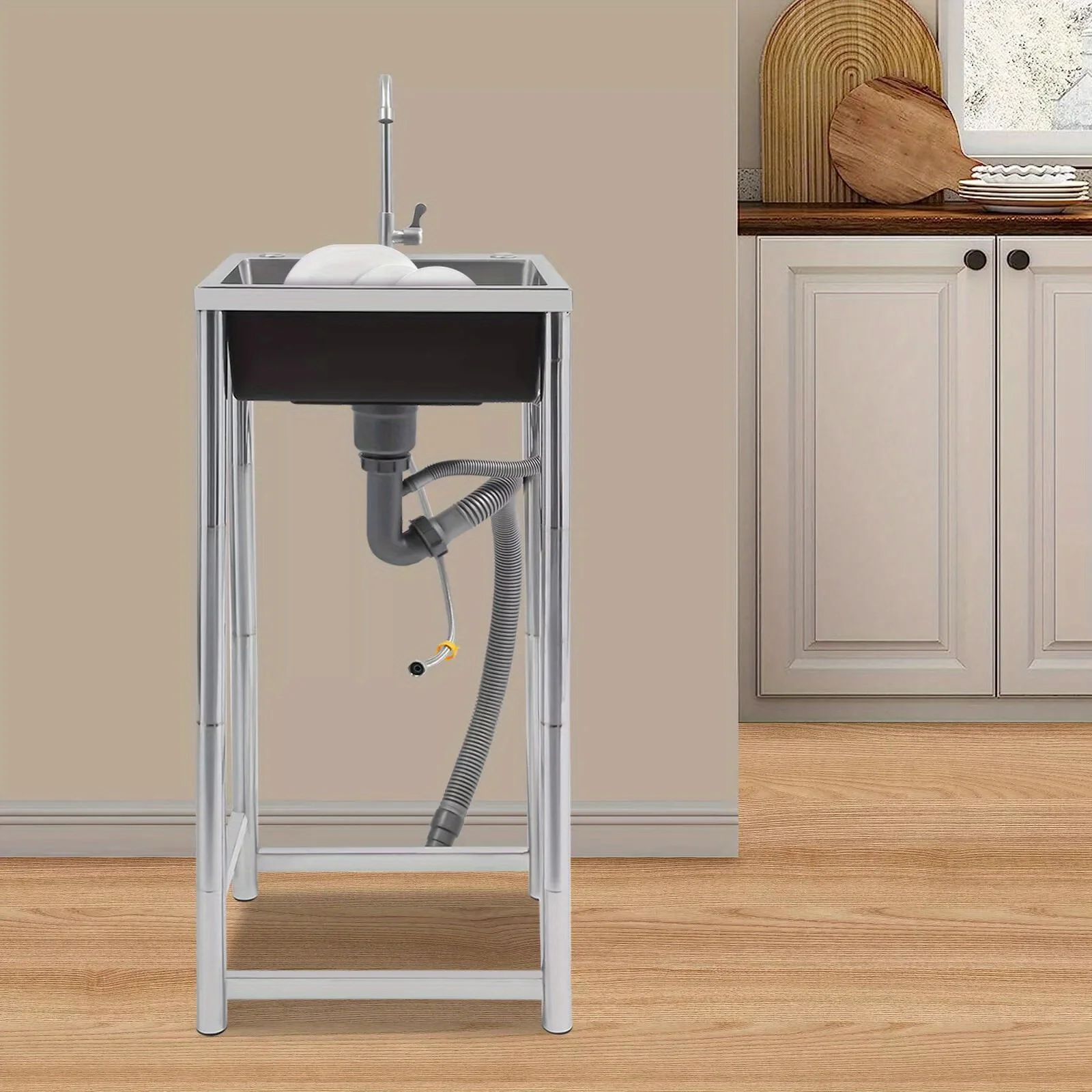 حوض من الفولاذ المقاوم للصدأ مع صنبور، حوض أدوات قائم بذاته، حوض وعاء واحد