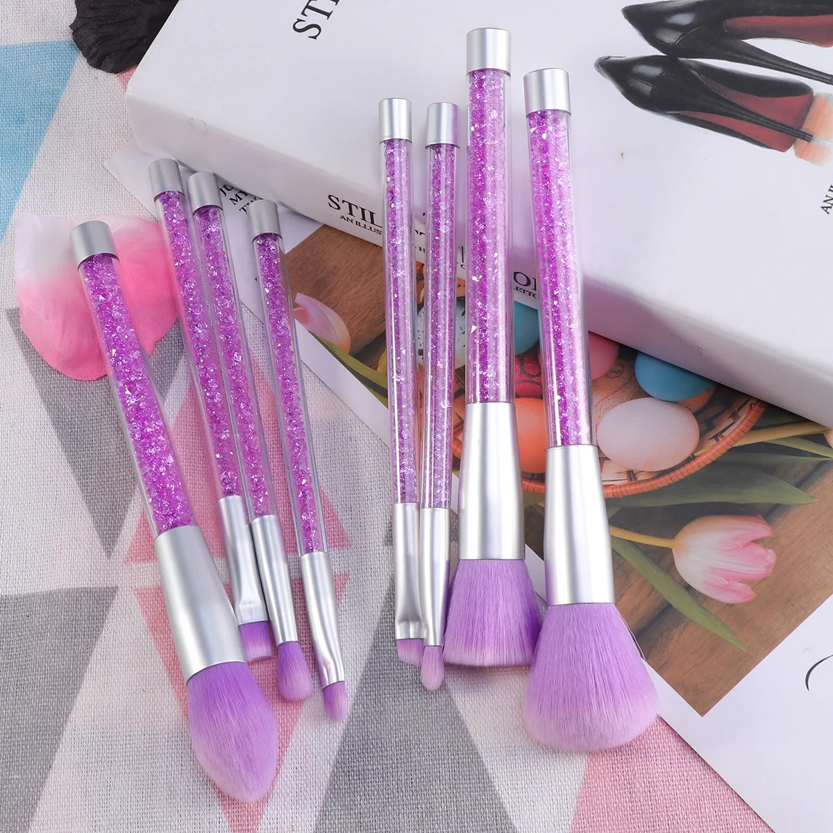 

8Pcs Makeup Brush Set Transparent Crystal Handle Professional Brushes for Women Daily and Professional Use Purple