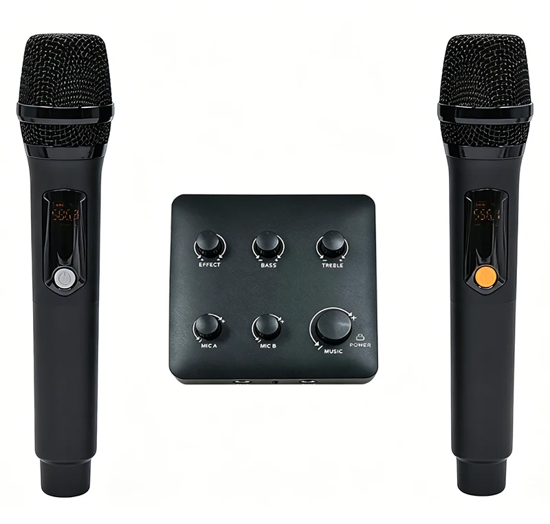 Wireless Karaoke Mixer System with Dual UHF Microphones - DSP Effects, BT5.0, 16 Channels