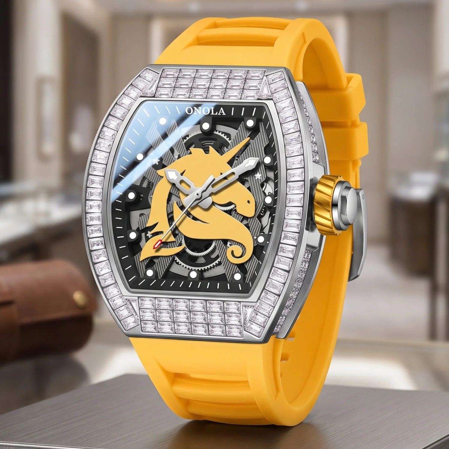 ONOLA Men's Mechanical Watch with Square Crystal Bezel and Hollowed out unicorn Pattern Dial, a Gift for Friends