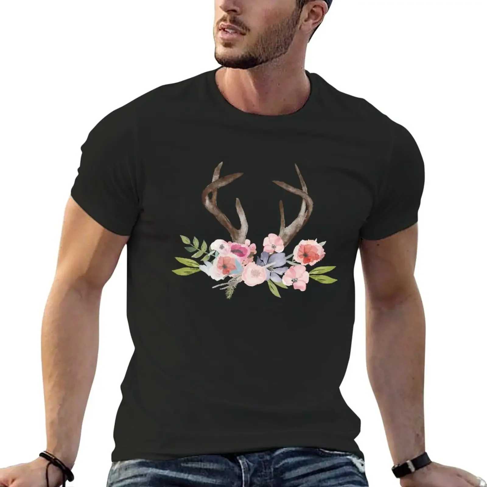 Rustic Watercolor Wildflowers and Antlers T-Shirt cotton graphic tees cheap stuff shirts graphic tee men