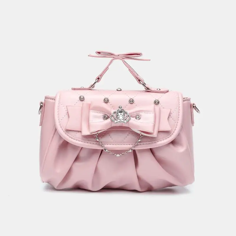 Elegante rosa Schleifen-Strass-Unterarmtasche, süße Lolita Plissee-Schultertasche, tragbare Handtasche mit Schleifengriff, niedliche Ita-Tasche – Detail 3