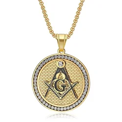 Hip Hop Iced Out Bling Masonic Symbol Pendant Male Gold Color Stainless Steel Mason Round Necklace for Men Fashion Jewelry Gift