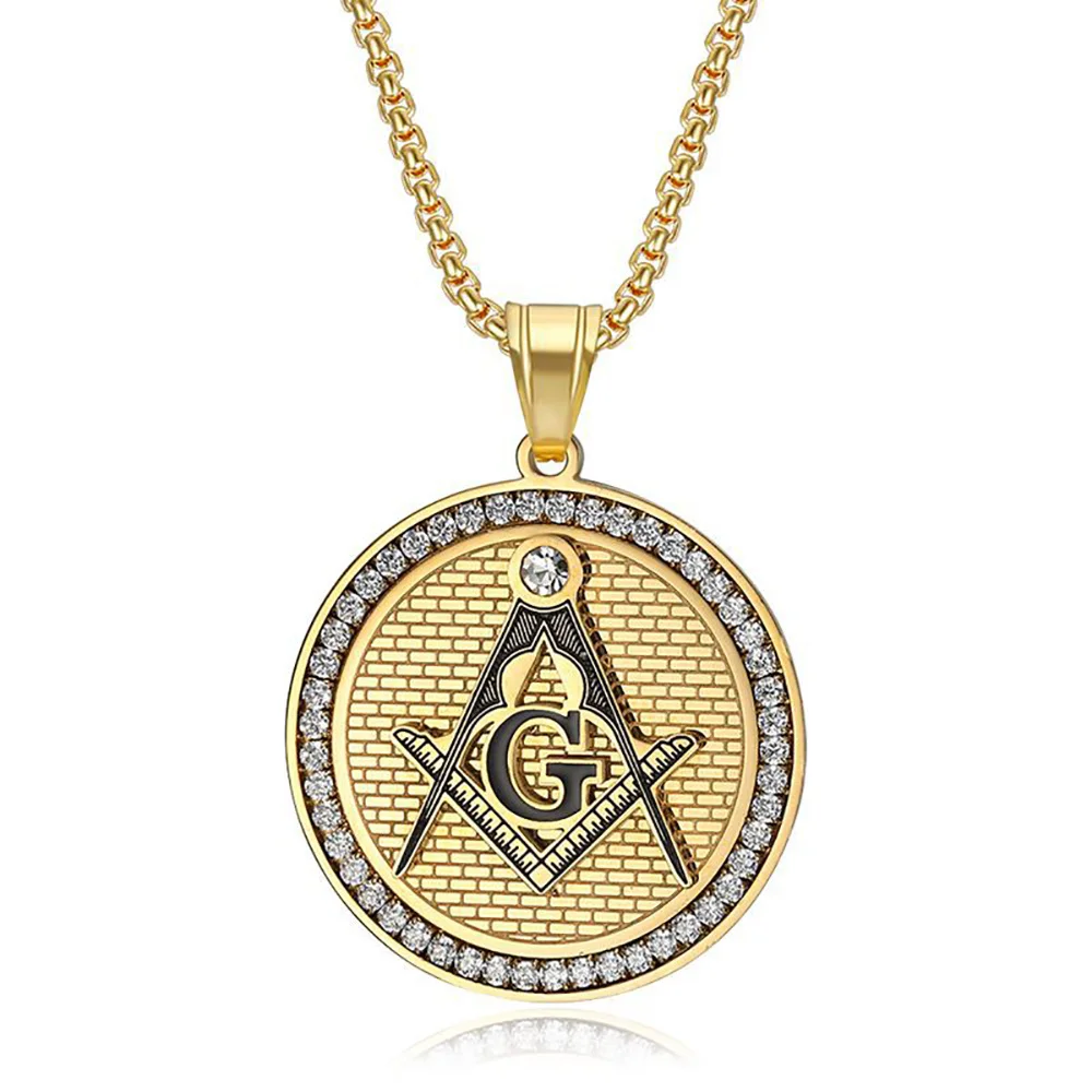 Hip Hop Iced Out Bling Masonic Symbol Pendant Male Gold Color Stainless Steel Mason Round Necklace for Men Fashion Jewelry Gift