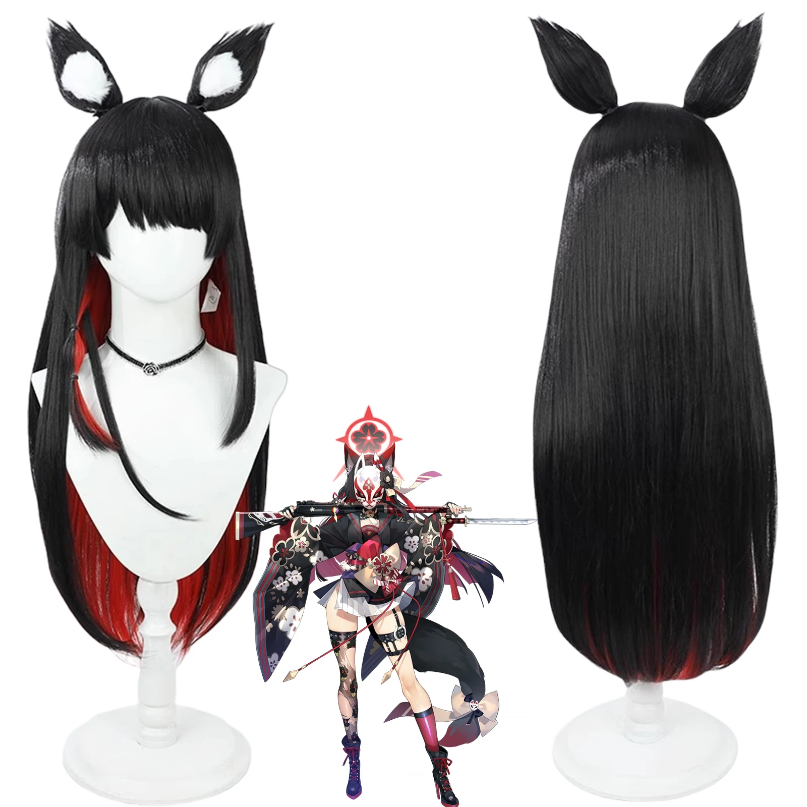 Blue Archive Kosaka Wakamo Cosplay Wigs with Ears Traight Heat Resistant Synthetic Hairs for Women Girl Halloween Accessories