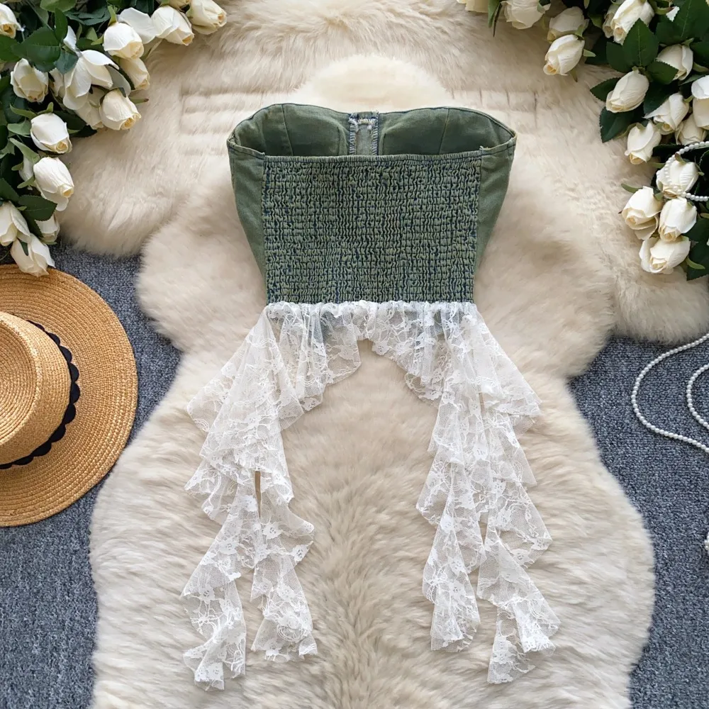 Sexy Spliced lace Chic Crop Top Korean Tanks Top Women Women Corset Bustier  women clothing