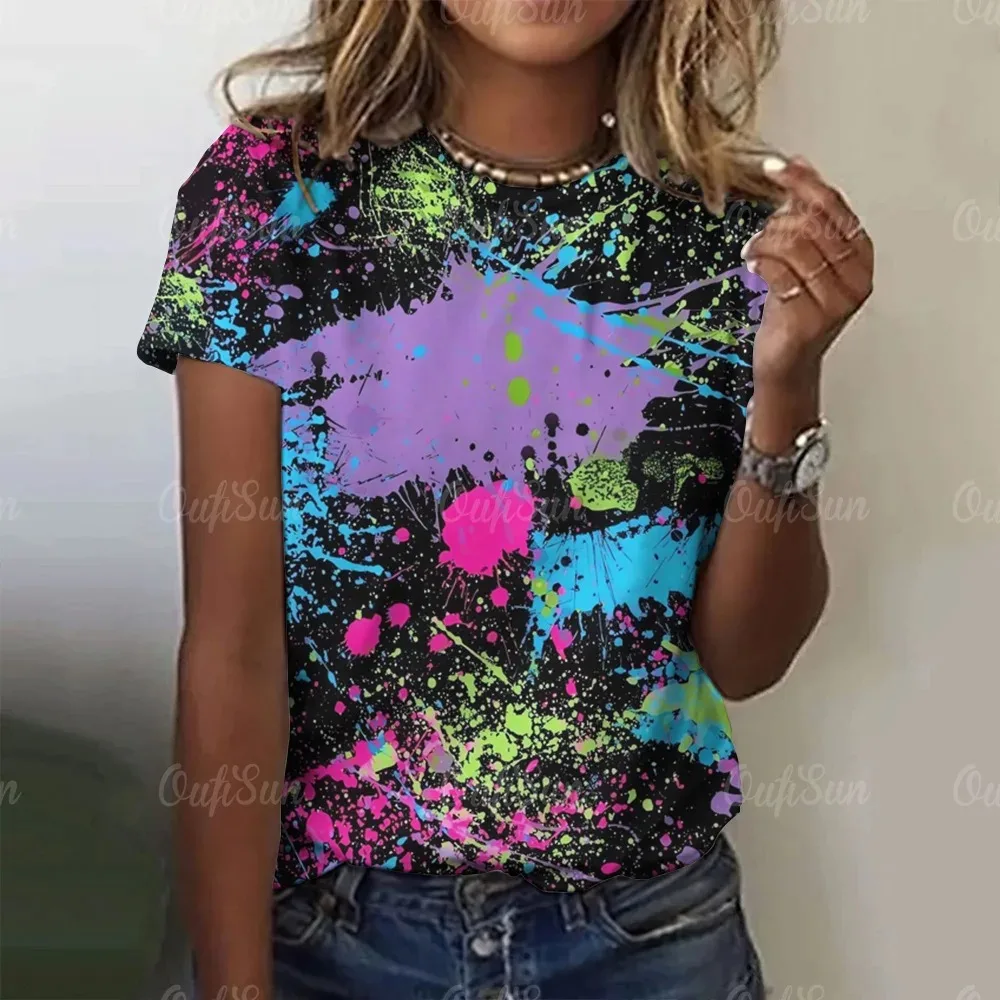 Colorful Splash 3D Painting Women's Summer T-Shirts Y2K Street Fashion Casual Style  Comfortable Breathable Short Sleeve T