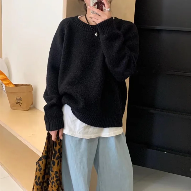 

Korean Simple Base Shirt Warmm Autumn Winter Solid Color Versatile Loose Casual Sweater Knitted Long-sleeved Round Neck Pullover