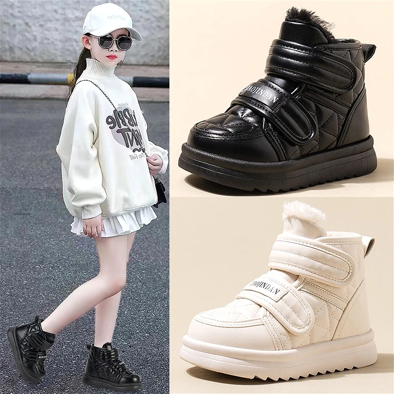 

2025 Girls Winter Plush Warm Ankle Boots Fashion Velcro Design Non Slip Kids Snow Boots New Luxury Childrens Causal Cotton Shoes