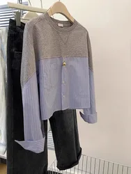 Women Patchwork Pullover Tops 2024 Autumn Long Sleeve Sweatshirts Casual Loose Round Neck Hoodies Fashion Design Short Tops