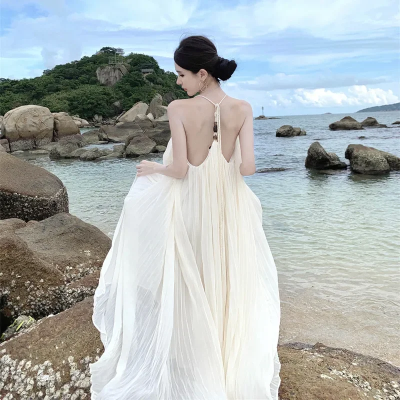 

2024 Draped Long Elegant Lolita Beach Dress Solid O-Neck Ladies Halter Vacation Chic Robe Summer Graceful Women New Sundress New