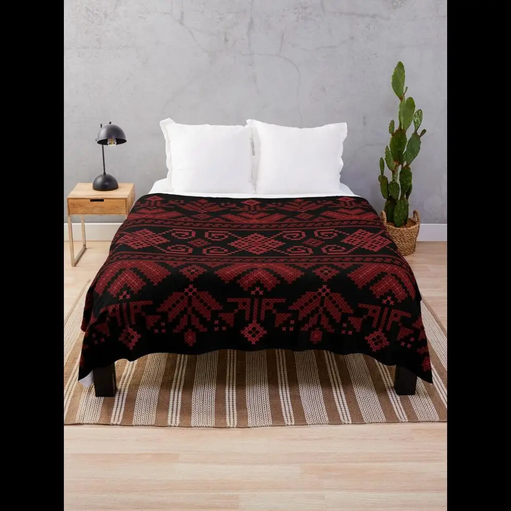 

Handcrafted Palestinian Jordanian Tatreez Embroidery Throw Blanket in Red with Traditional Art Design