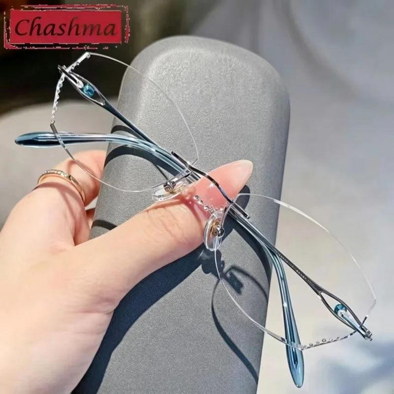 

Chashma Prescription Glasses Women Fashion Titanium Diamond Trim Rimless Spectacles Eyeglasses Frames Girls Myopia Clear Lenses