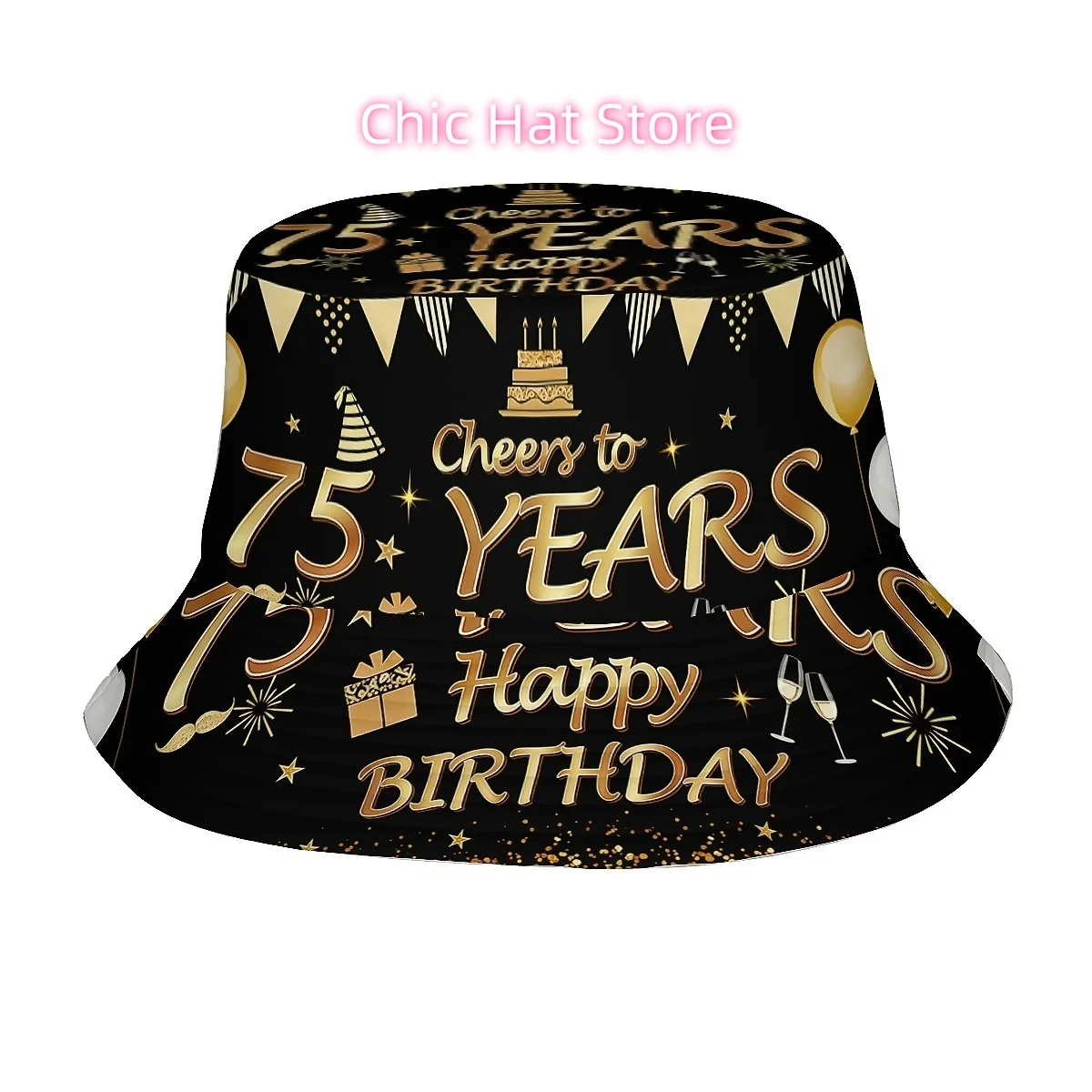 1pcs Cheers to 75 Years Happy Birthday Black Golden Balloons Cake Unisex Printed Fisherman Hat, Stylish Hat with Fun Personalty,