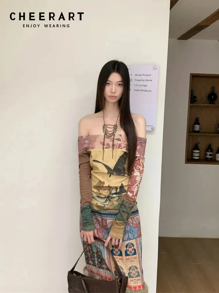 

CHEERART Этнический топ с открытыми плечами и бабочкой, графические футболки, женская дизайнерская футболка, футболки с длинными рукавами, винтажная хлопковая одежда