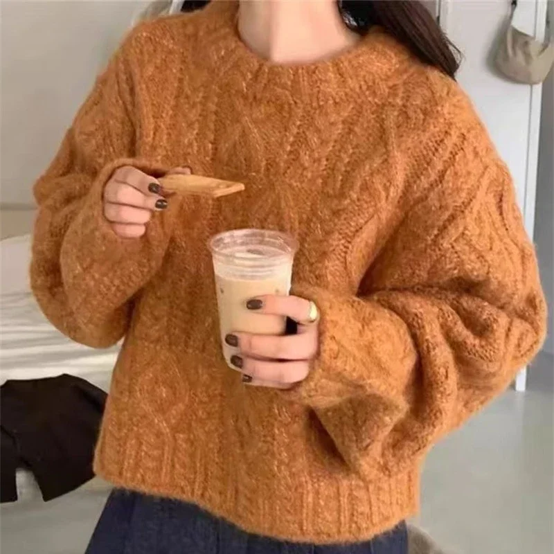

Fashion Girl Autumn and Winter Long-sleeved Solid Color Pullover Sweater O-neck Thick and Soft Casual Korean Loose Plus Size Top