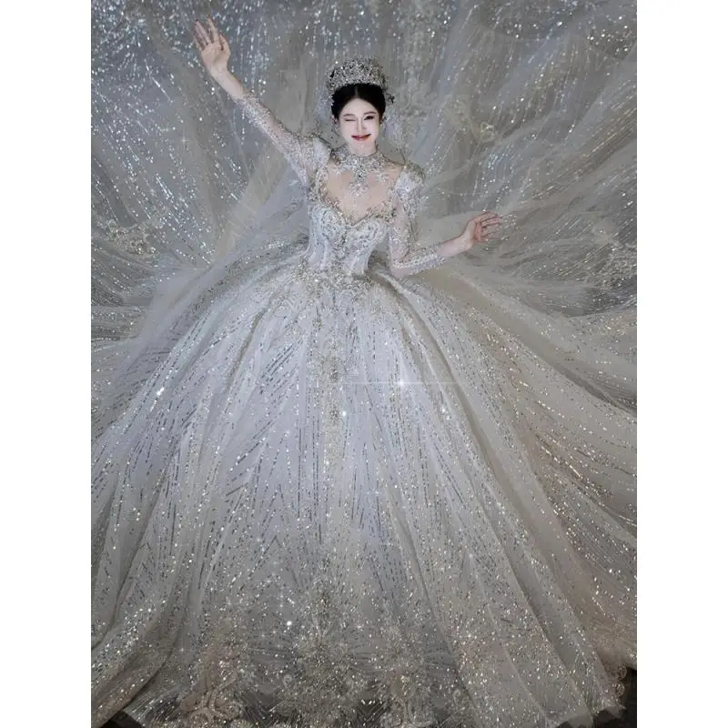 heavy dress for engagement Dresses | Engagement Party Dress Pink Heavily Beaded Ballgown Long Train  Long Sleeve