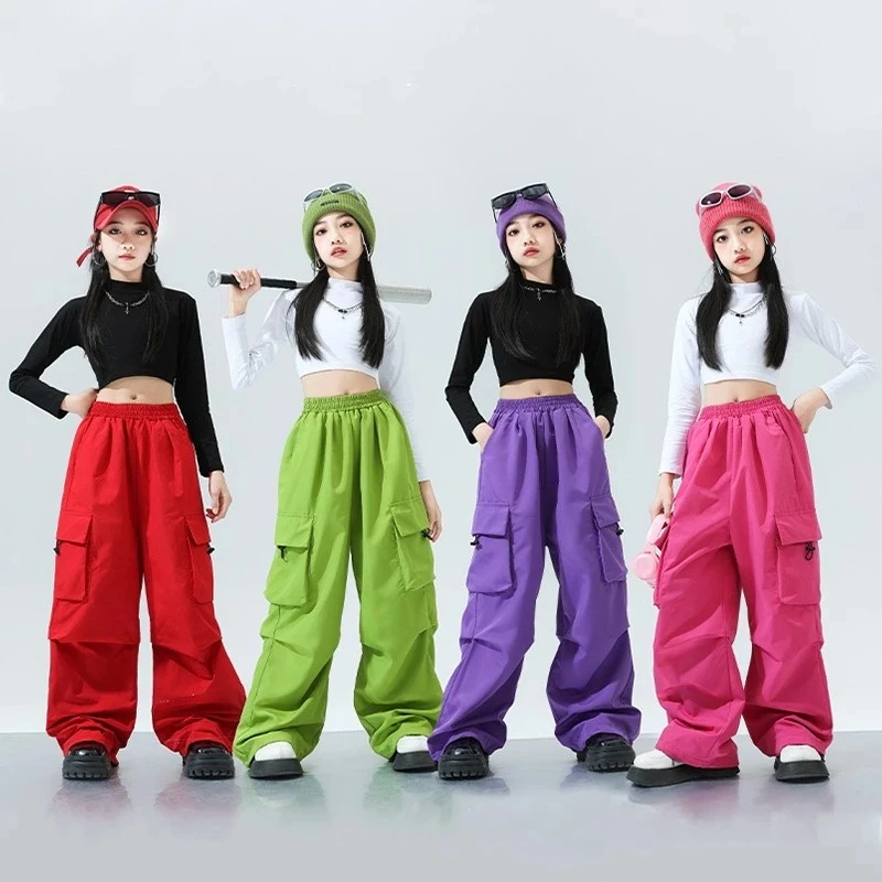 

Girls K-pop Crop Top Colorful Joggers Pants Child Hip Hop Streetwear Cargo Pant Clothes Sets Kids Stage Girl Group Jazz Costumes