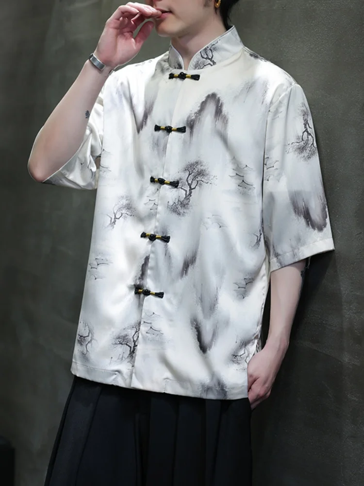 

Men's Summer Thin Ice Silk ort Sve irt Advanced Sensation New Chinese Sle Button up Top Improved Hanfu Loose Fit You...