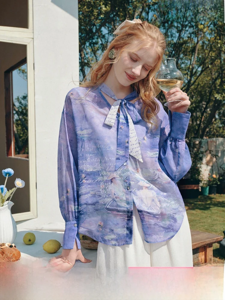 

Spring 2026 Gentle Style Long Sleeve Lace Print Blouse Women's Loose Fit Polyester Fiber Floral Pattern Belted Shirt for Travel