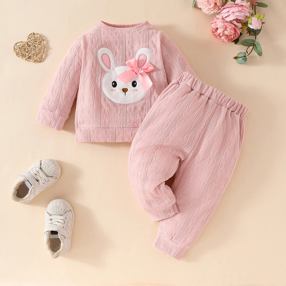 2-Piece Baby Girls 3-24M Autumn Outfits Cute Rabbit Embroidery Long Sleeve Tops T-Shirt+Pants Toddler Kids Sweatshirt Pantsuit