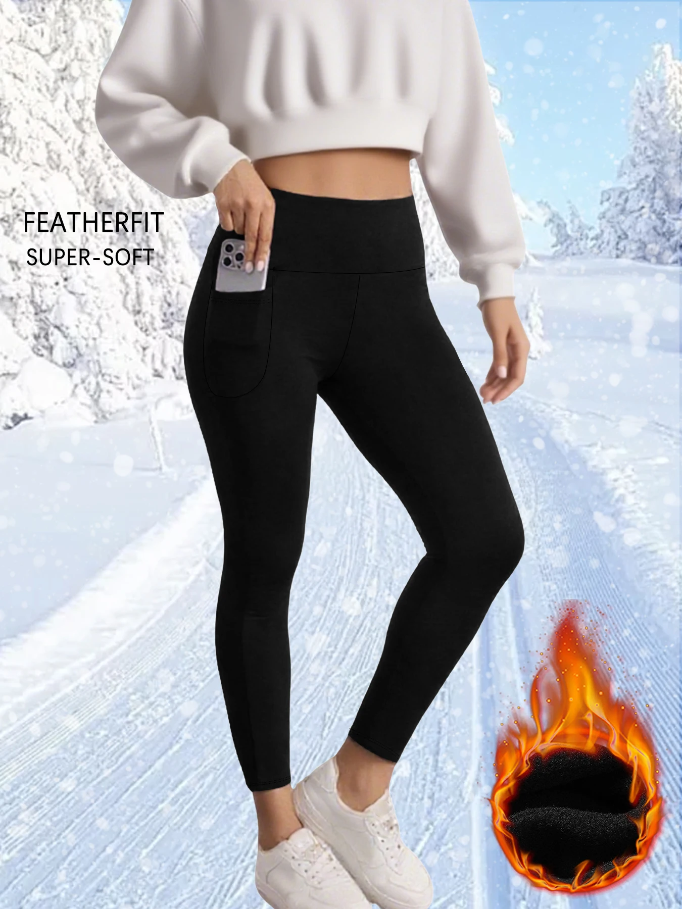 Dames thermische fleece gevoerde hoog getailleerde legging met zakken, workout winter warme dikke panty zachte yoga hardloopbroek