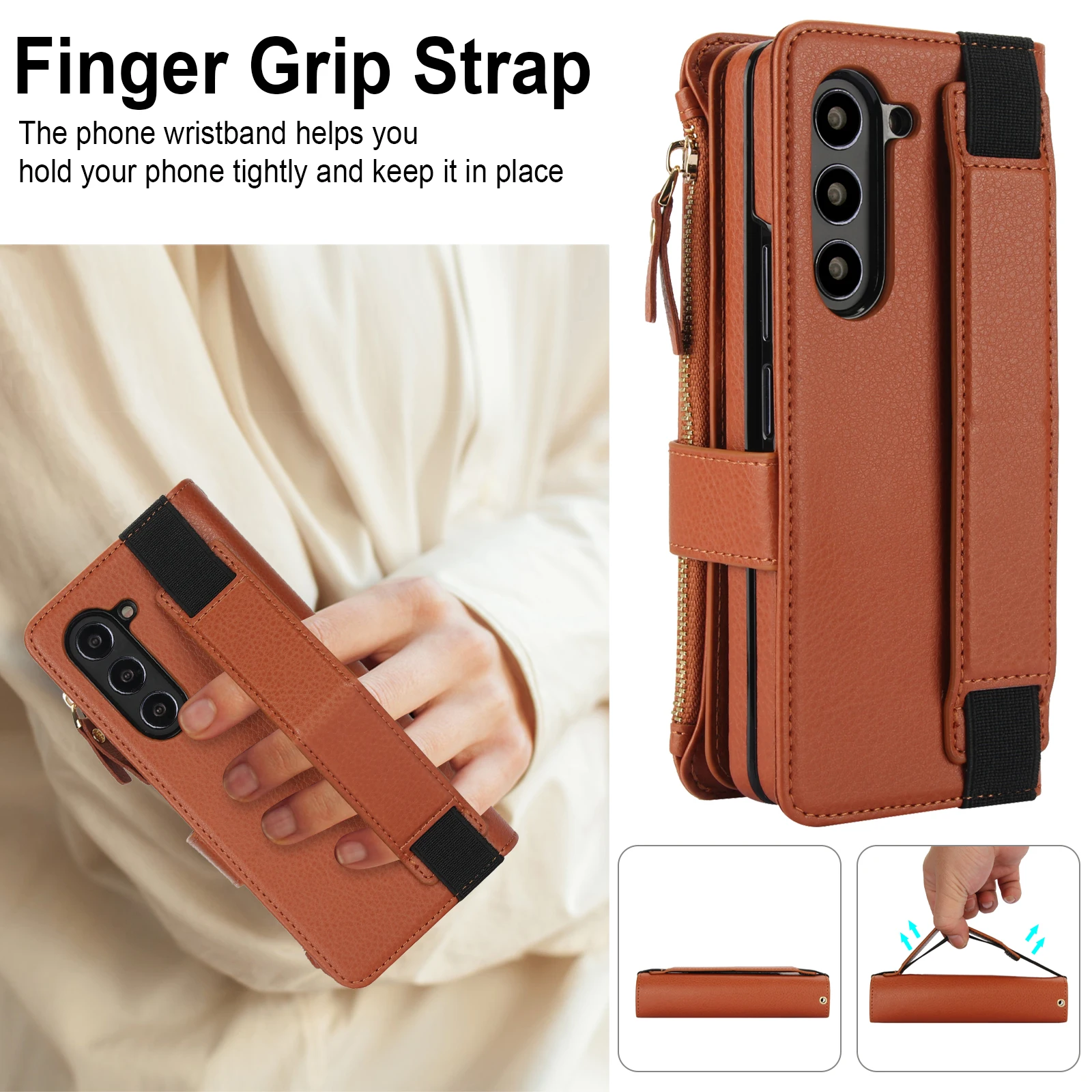 

Multi Functional Zipper Wallet Elastic Wristband Leather Case for Samsung Galaxy Z Fold 6 5 4 3 Shockproof Protection Soft Cover