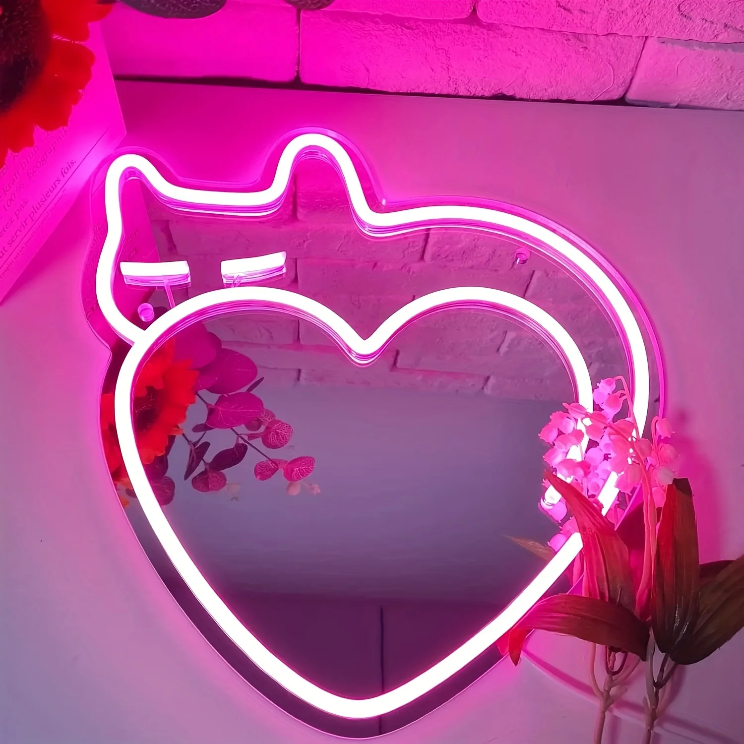 

Love Cat Mirror Neon Sign Dimmable LED Neon Mirror with Lights for Cute Dorm Decor & Girls Room Wall College Girl's Store Decor