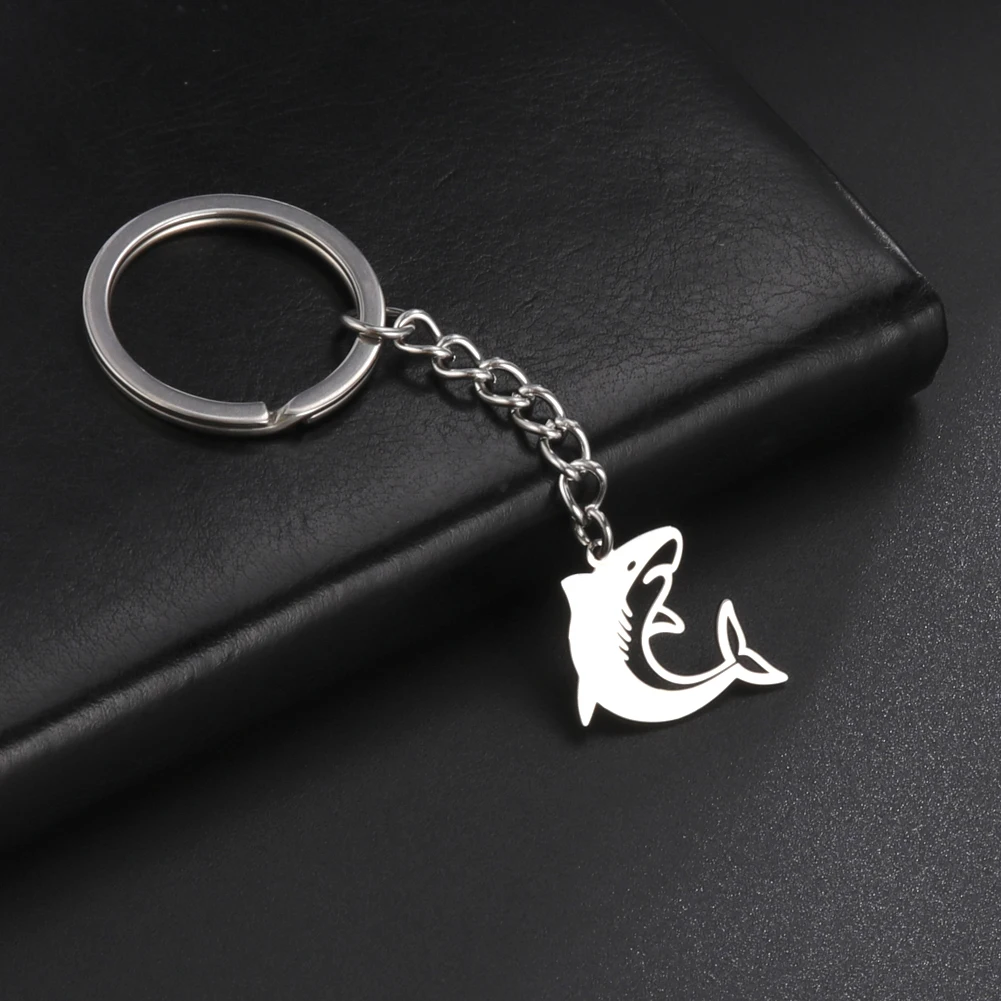 Cute Sharks Pendant Keychain for Women Men Fashion Stainless Steel Silver Color Keychain Jewelry Christmas Gift