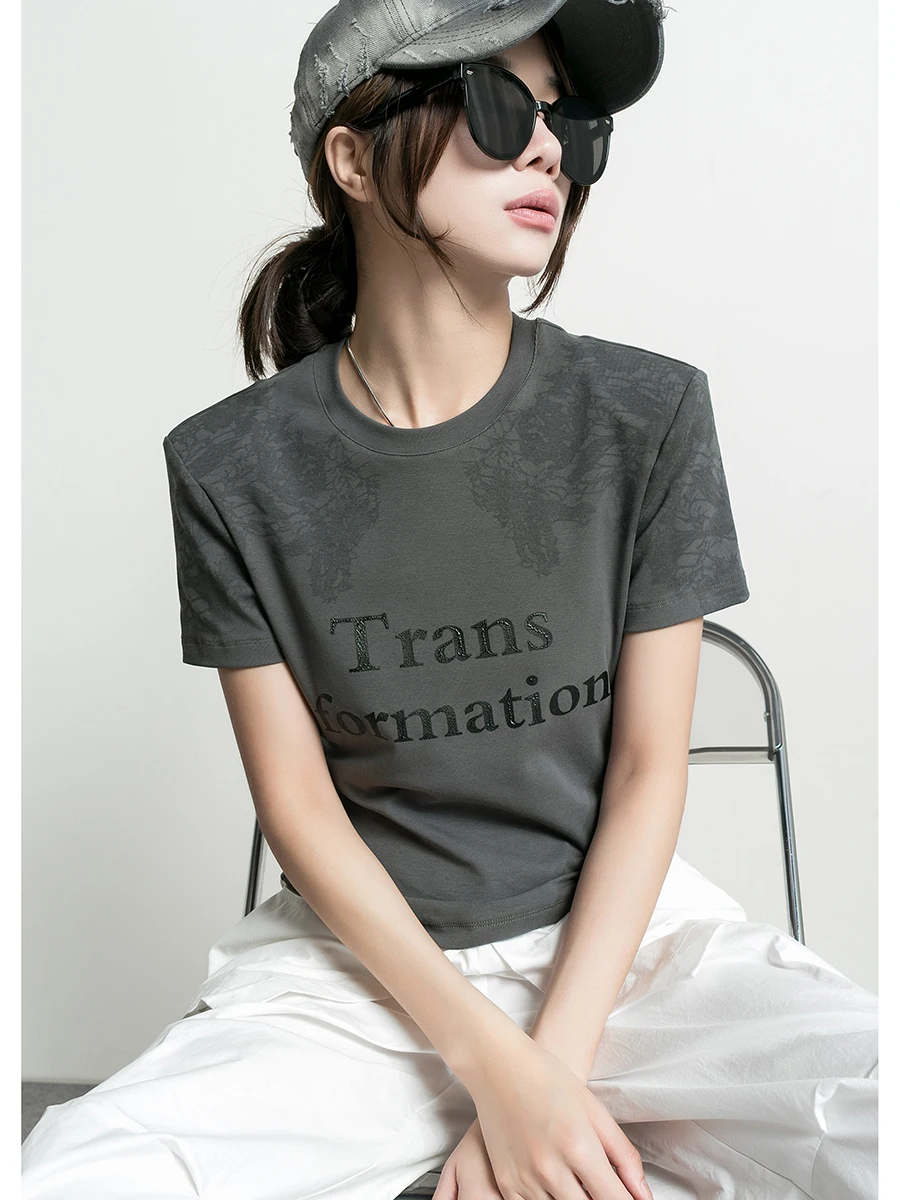 

Летняя женская футболка с кружевным принтом, приталенная, с коротким рукавом, с подплечниками, в уличном стиле, из смесового хлопка, базовая модель, новинка 2026
